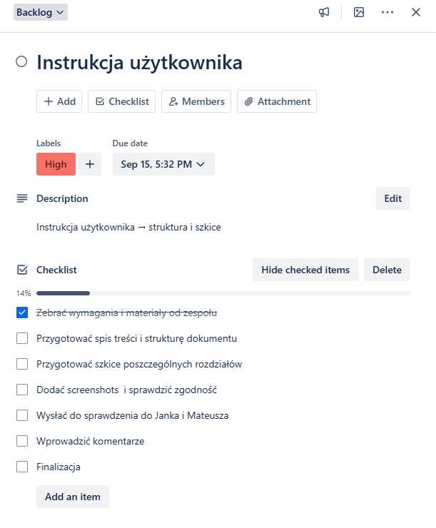 Lista kontrolnych zadań do instrukcji użytkownika