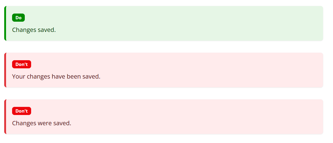 Prawidłowy komunikat: &quot;Changes saved&quot;, nieprawidłowe komunikaty: &quot;Your changes have been saved&quot;, &quot;Changes were saved&quot;.