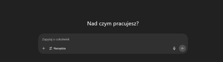 Widok interfejsu ChatGPT z widocznym polem do wpisania zapytania i nagłówkiem &quot;Nad czym pracujesz?&quot;