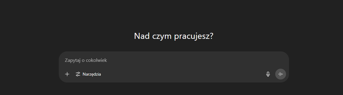 Widok interfejsu ChatGPT z widocznym polem do wpisania zapytania i nagłówkiem &quot;Nad czym pracujesz?&quot;