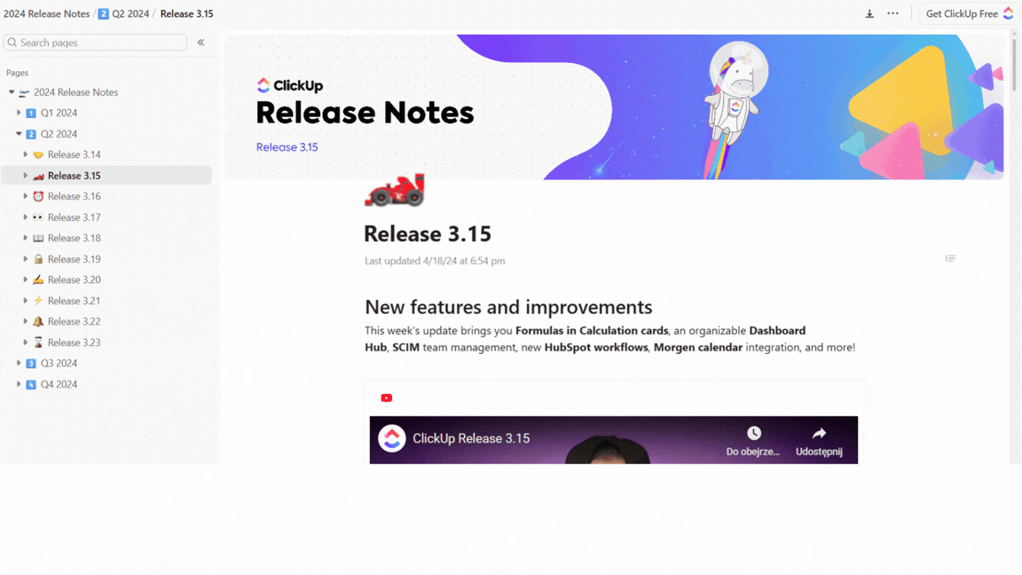 Przykład release notes od firmy ClickUp. Strona jest opisowa i zawiera elementy wizualne.