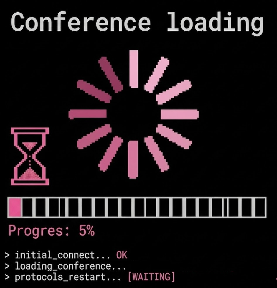 Grafika przedstawia ikonę ładowania się strony i pasek postępu. "CONFERENCE LOADING..."