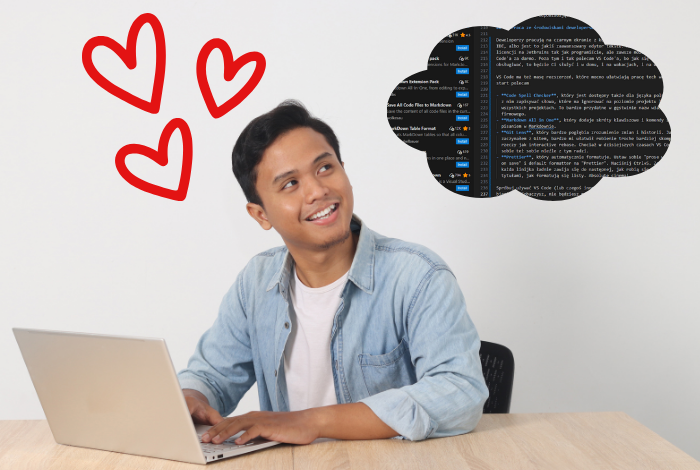 Tech writer siedzący z laptopem, koło głowy latają mu serduszka symbolizują miłość, a w myślach ma interfejs VS Code