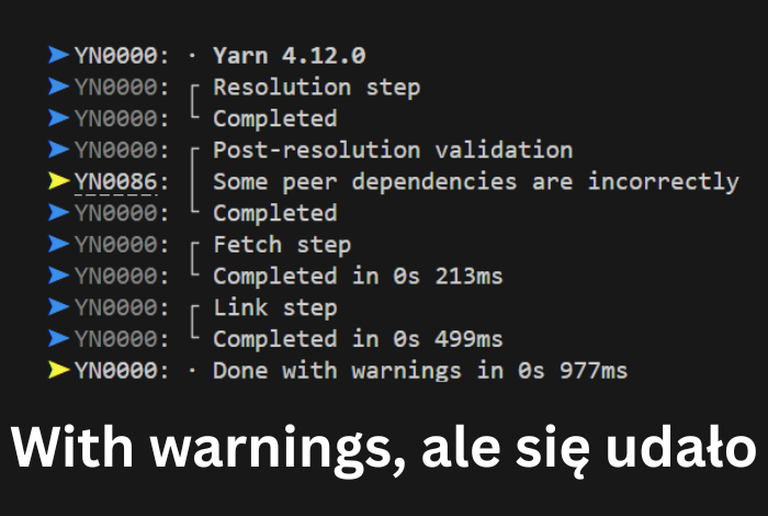 Okienko terminala z wiadomością "Done with warnings" i dopiskiem "with warnings, ale się udało"